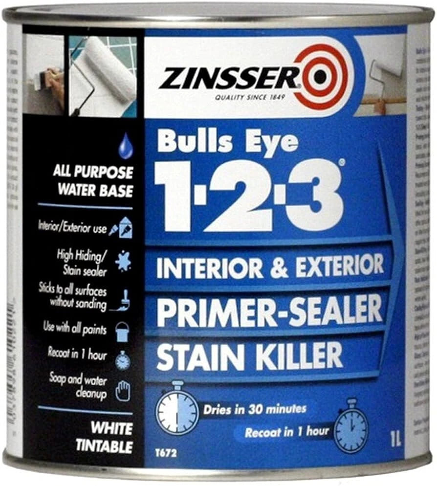 Zinsser Bulls Eye 123 Multi Surface Primer Sealer Paint WHITE 1L